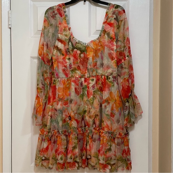 Abstract Floral Printed Chiffon Mini Dress - Melon - SIZE 8 - Picture 9 of 13